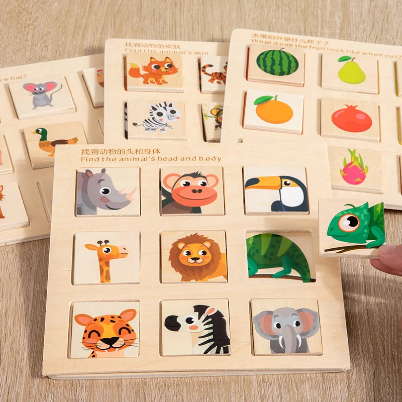 Wooden Logical Thinking Matching Puzzle Cognitive Board Montessori Teaching Aid Fruit Animal Pairing Board Educational toys