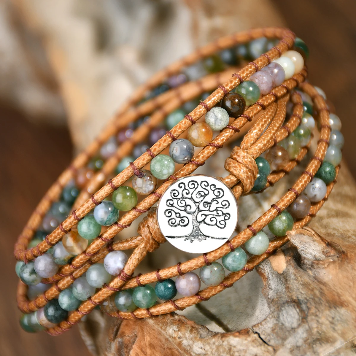 Yumfeel 1PC Multi-layer Wrapped Bracelet Boho Indian Agate 4mm Round Beads Handmade Braided Leather Rope Women Woven Bracelet - view 5