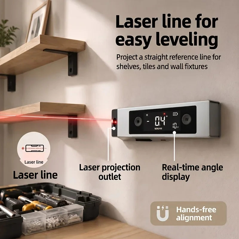 2 In 1 Laser Level Ruler Type-C Double Laser Angle Ruler Protractor Digital Inclinometer Measure Tool Protractor
