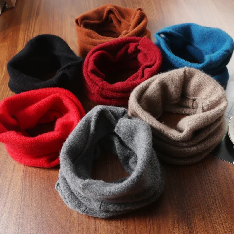 

100% Pure Wool Knitted Ring Scarf Elegant Neckerscarf Female Soft Warm Cashmere False Collar Neck Warmer Hairband Winter