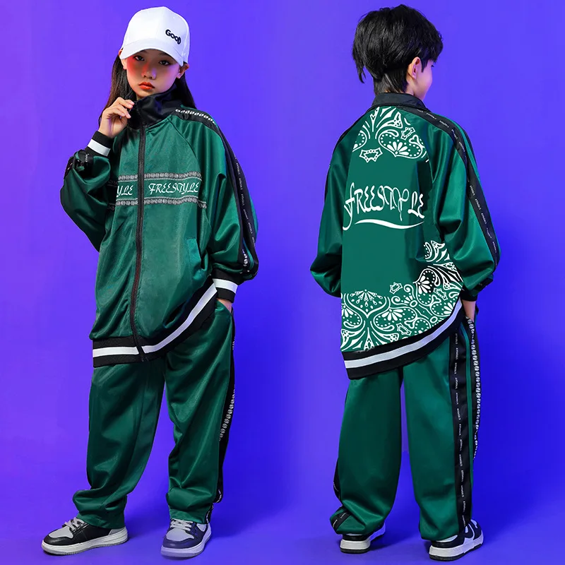 Kids Kpop Hip Hop Clothing Green Print Oversized Shirt Jacket Sweat Pants for Girls Bosy Jazz Dance Costume Clothes Outfits