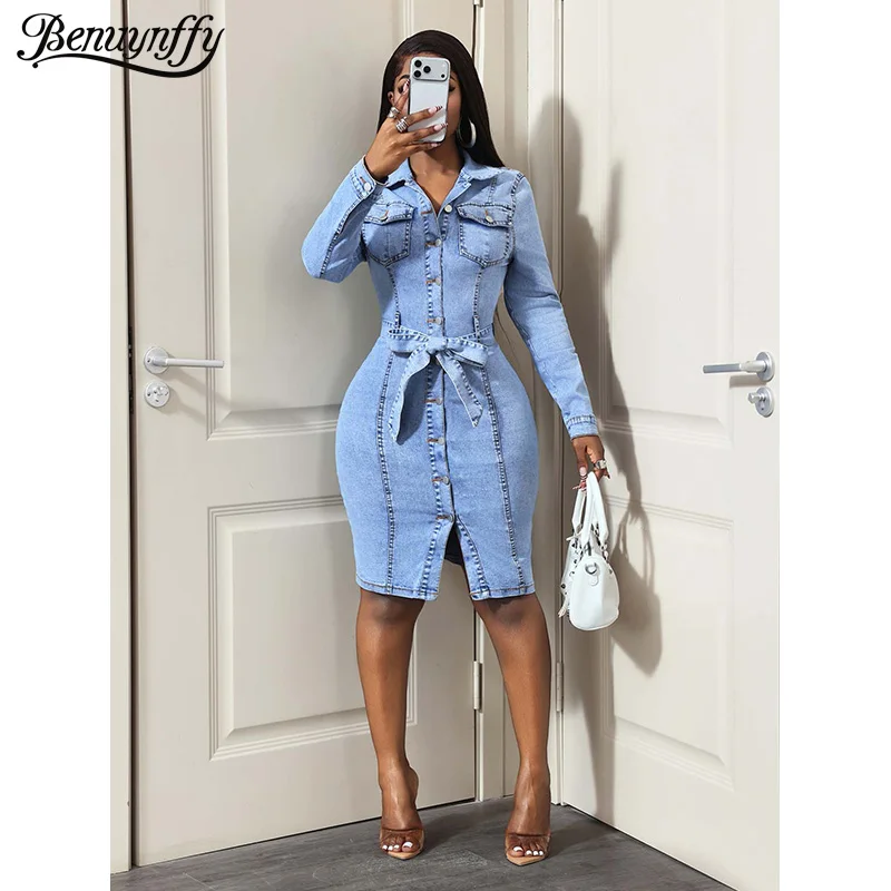 Benuynffy Streetwear Long Sleeve Belted Denim Dress Women Spring Fall Single Breasted Slim Sexy Bodycon Mini Jean Dresses