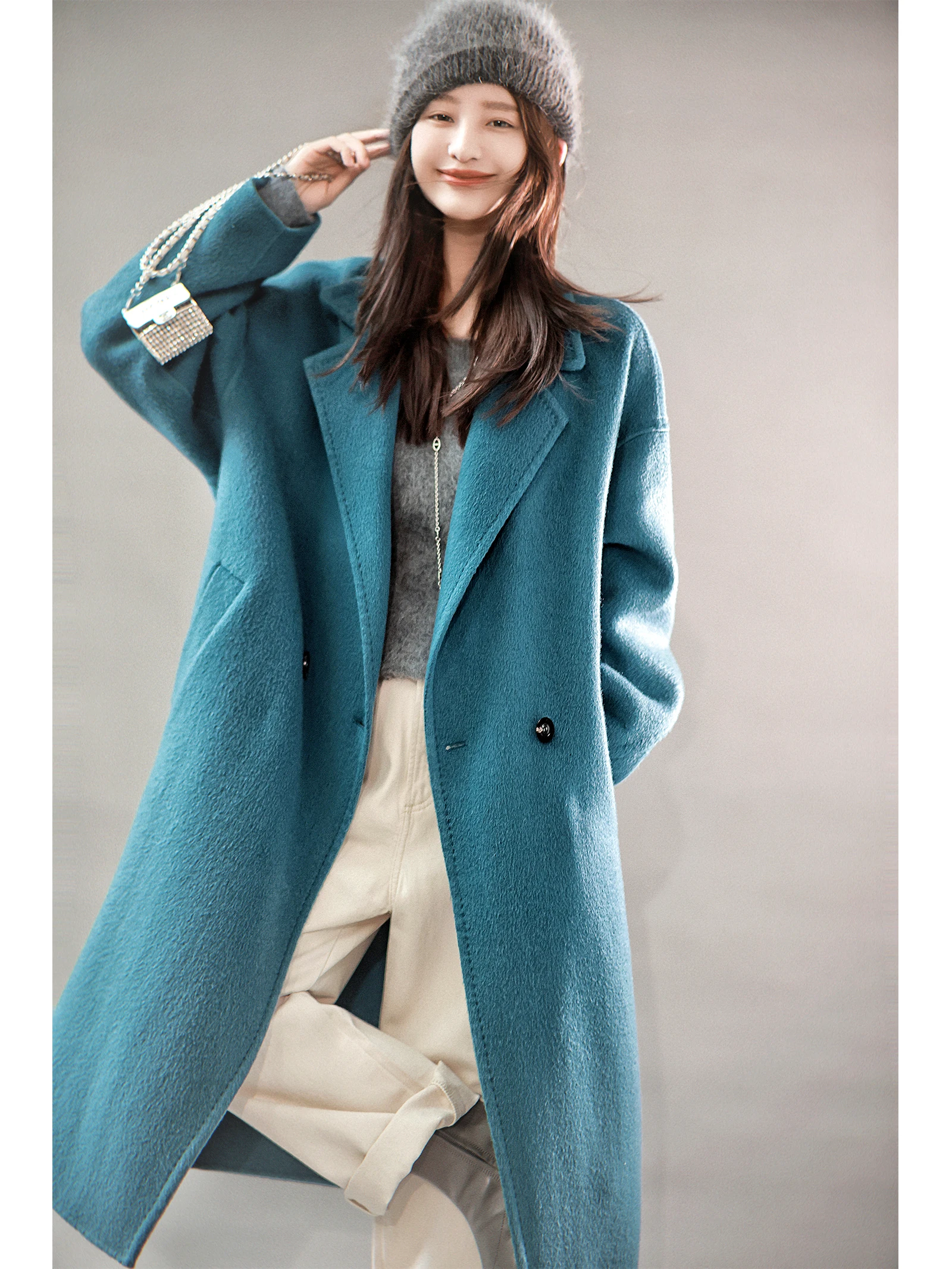 

Женское шерстяное пальто Zhaodaixi средней длины из альпаки, двубортное, на пуговицах, однотонное, для повседневной носки, с длинными рукавами, прямого кроя