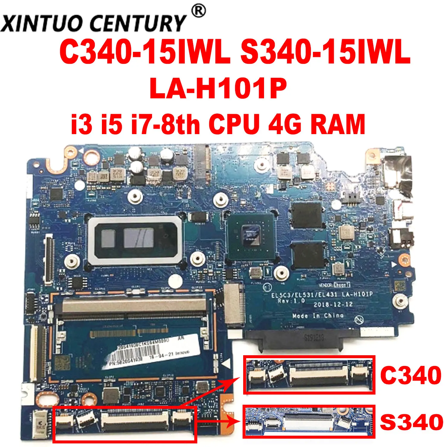 EL5C3 / EL531 / EL431 LA-H101P for Lenovo Ideapad C340-15IWL S340-15IWL laptop motherboard with i3 i5 i7-8 generation CPU 4G RAM