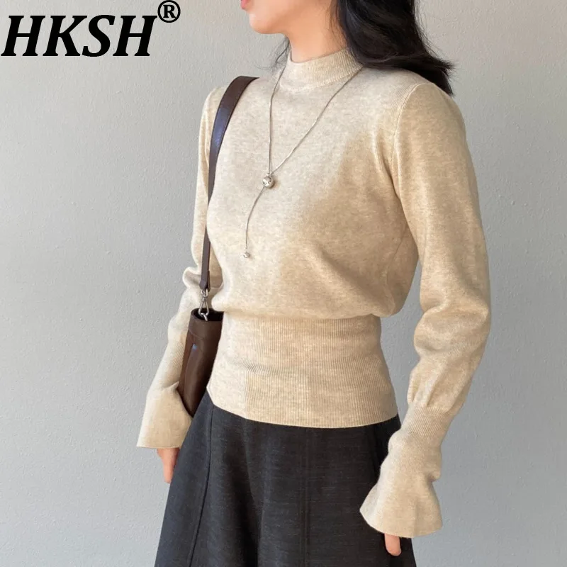 

HKSH Autumn Winter New Women Sweater Pullover Turtleneck Flared Sleeves Waist Cinching Solid Color Tide Ins Knitted Tops HK16179