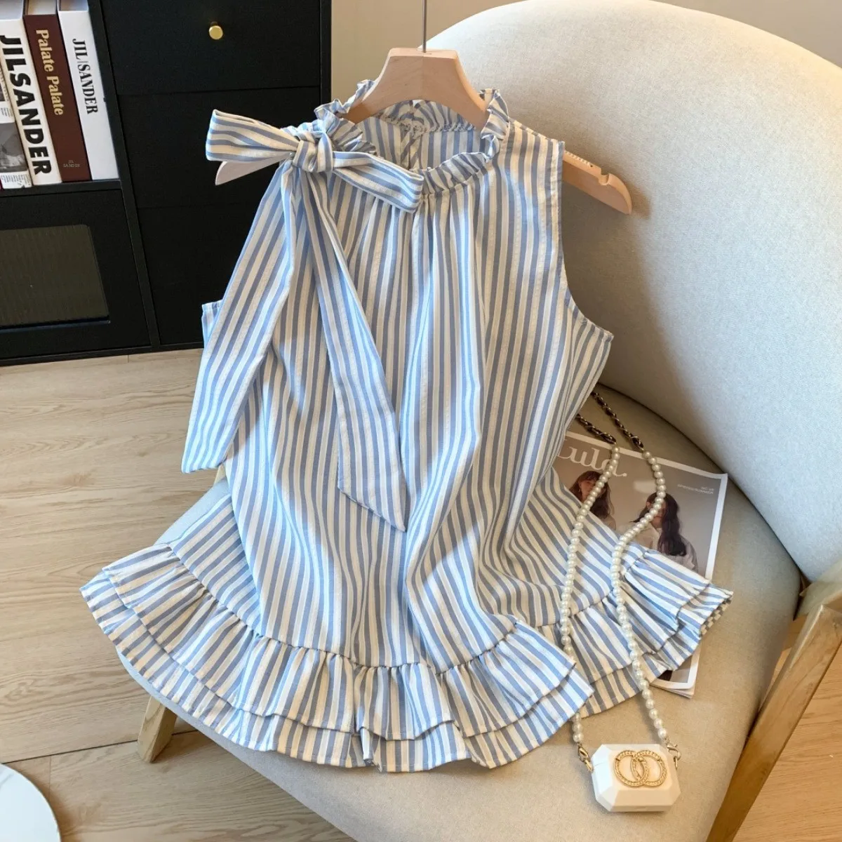 

Korean Style Blue Striped No Sleeve Shirt Women's Summer Fashion Knot Stand Collar Vest Shirt Shoulder Bared Trendy...