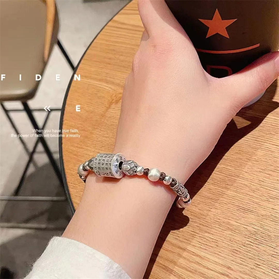 Sterling Silver 999 Lotus Heart Sutra Blessed Bracelet for Men and Women Fashion Ethnic Style Handwoven Retro Worn Out