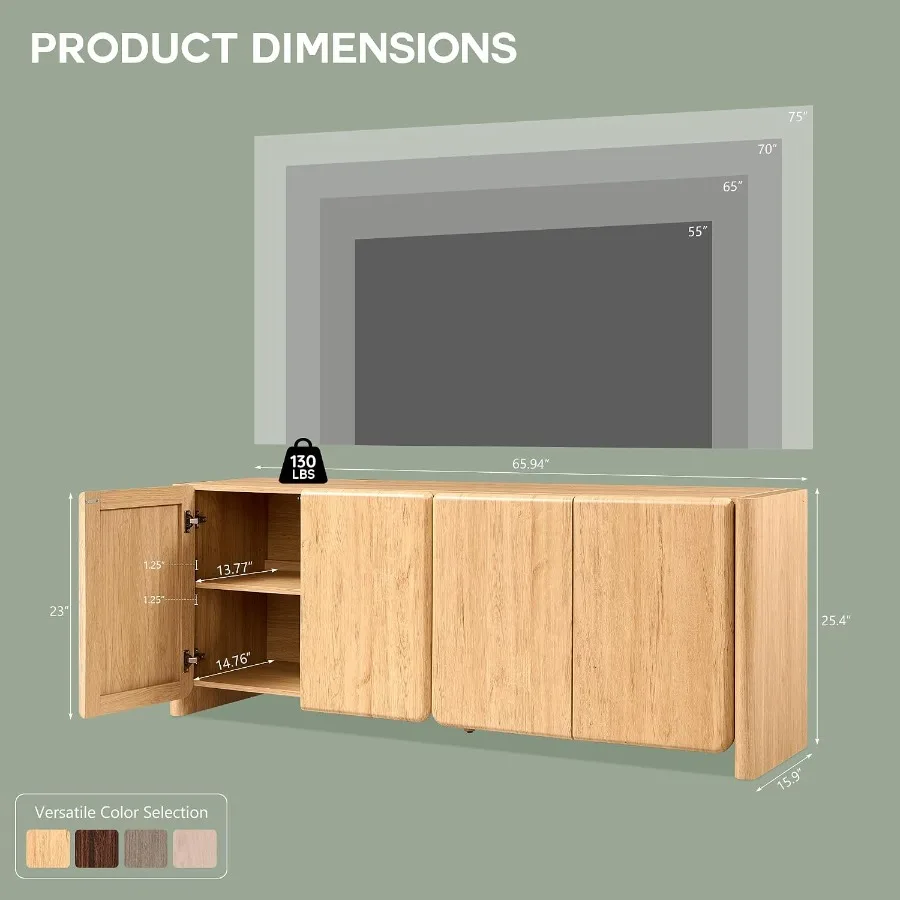 Modern TV Stand for TVs up to 65/70/75, Rounded Corner, MDF Wood, White, Easy Assembly Cable Management