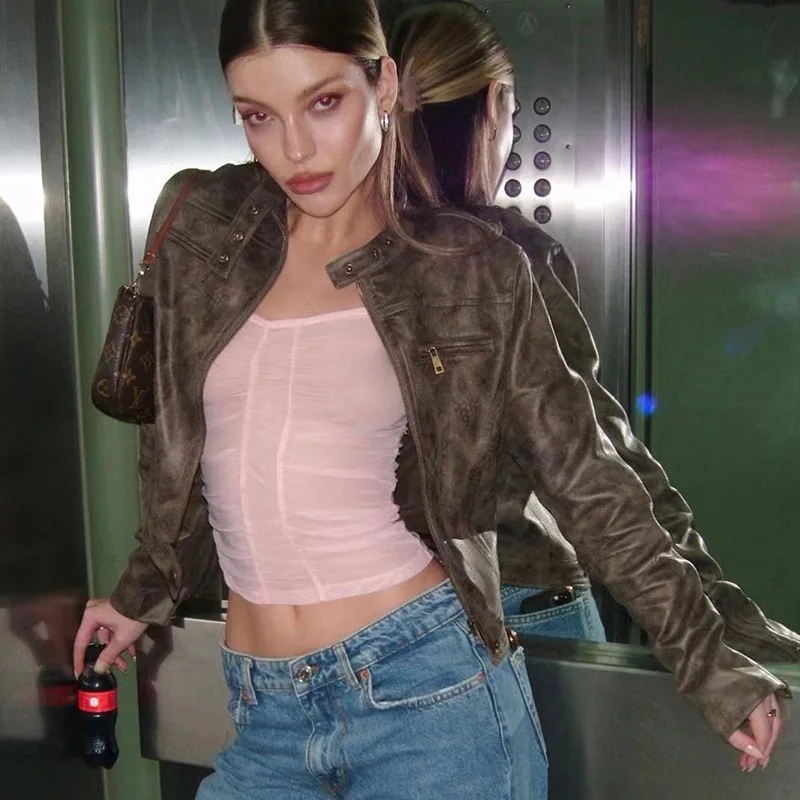 

YYAHAHAS American Retro Vintage Coffee Colored Short Coat 2025 Spring New Versatile Stand Up Collar PU Leather Jacket