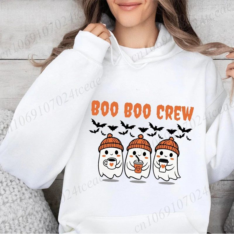 

Boo Boo Crew Ghost Prints Halloween Hoodies Women Winter Fleece Warm Hoodies Crewneck Loose Pullovers Casual Soft Sweatshirts