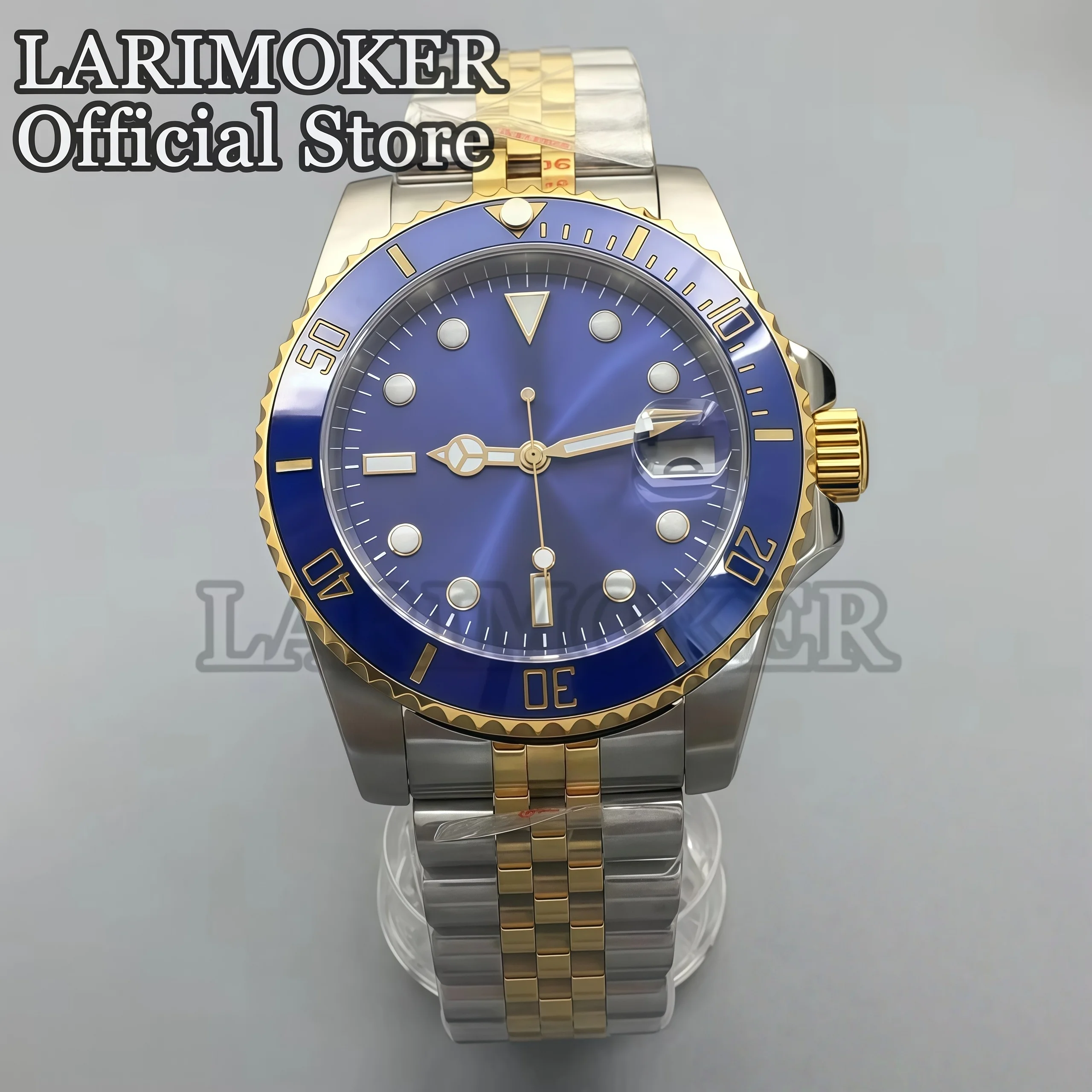 LARINOKER NH35 Automatic Movement Diver Mechanical Watch Sapphire Blue Dial Luminous Two-Tone Gold Stainless Steel Watch