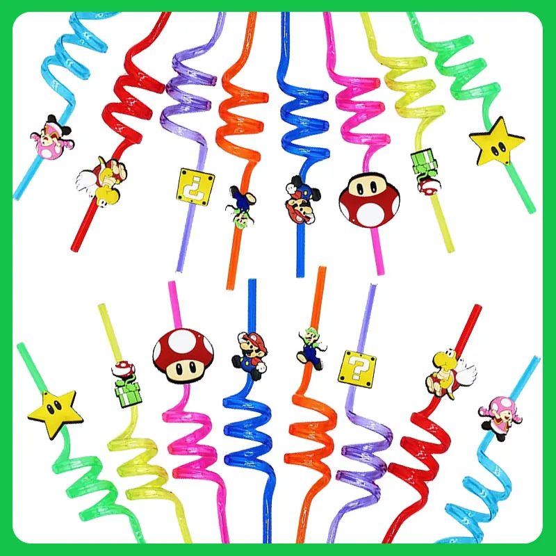 8pcs Super Mario Reusable Straw Mario Birthday Decoration Cartoon PVC Straw For Juice Drinks Milk Tea Party Bar Party Supplies