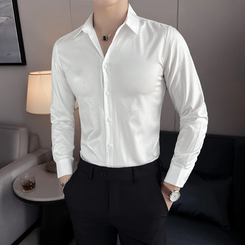 Luxurious Silver Bronzing Long Sleeved Shirts Men Spring Autumn Slim Fit Social Male Shirt Nightclub Prom Stage Shirts & Blouses