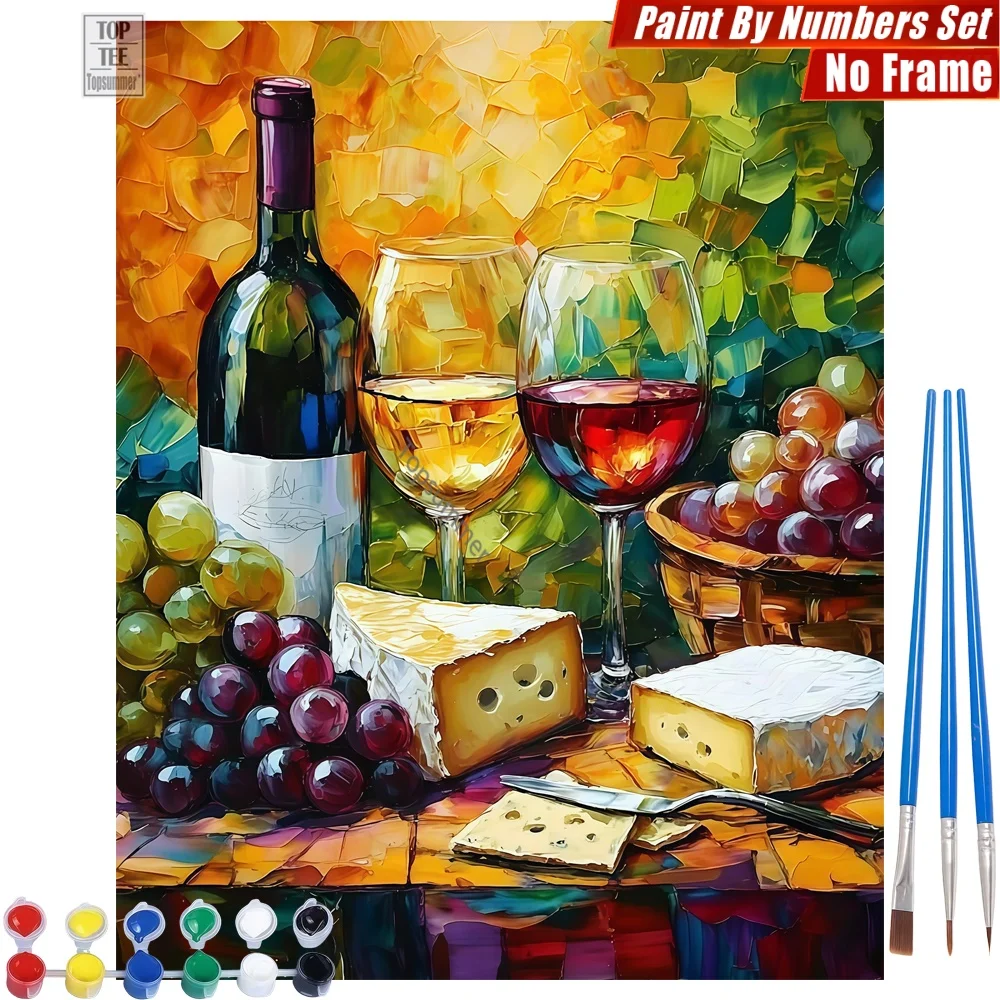 Set de pintura por números DIY de bodegón de vino, queso y uvas - Decoración para el hogar, regalo del Día del Padre para el esposo