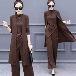 2023 New Spring And Summer Chubby Sister Fashion Wide Leg Pants Set Women Korean Version 200 Catty Casual Three Piece Knit Shirt