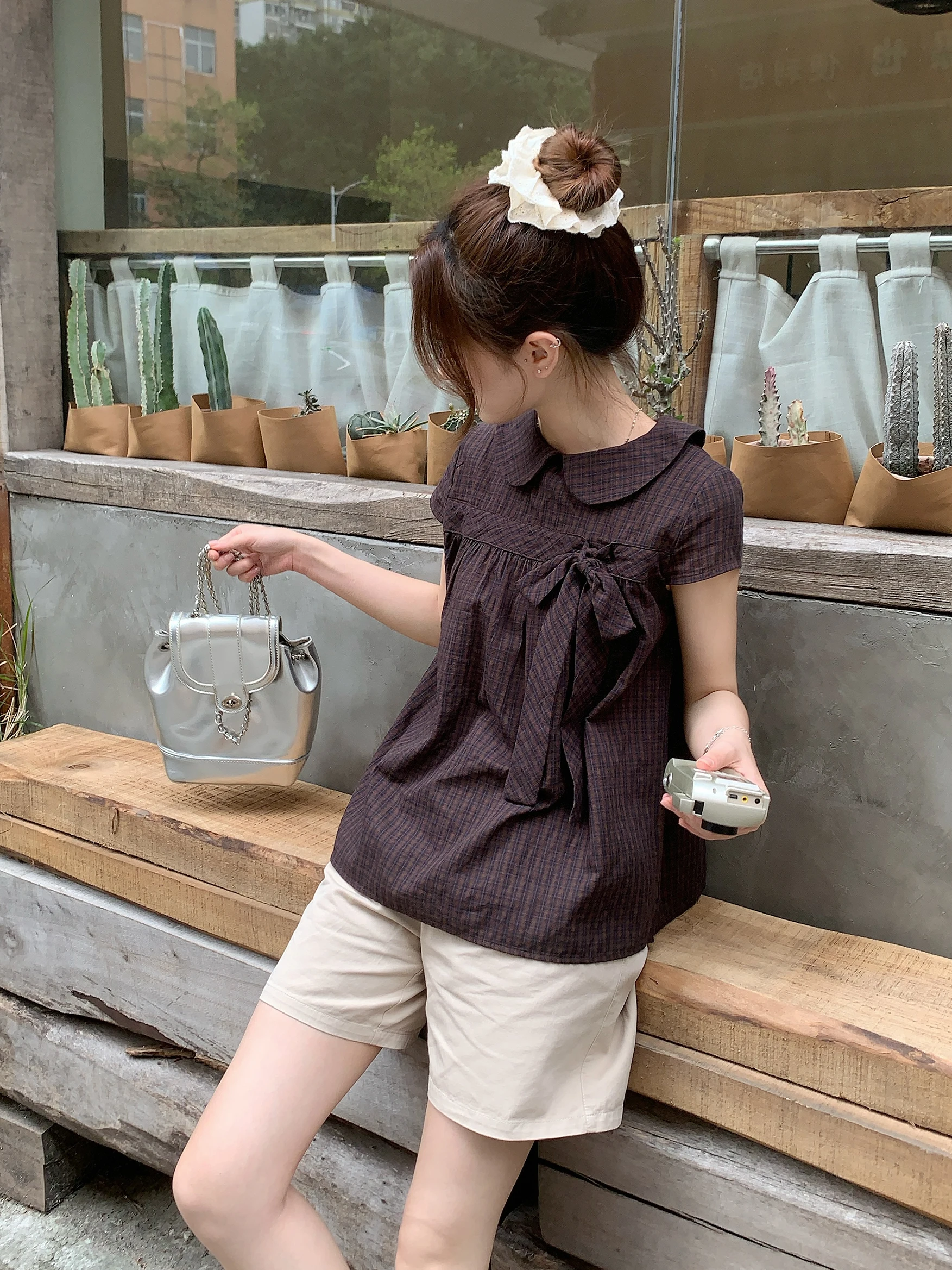 คอตตอนสวีท โนตตุ๊กตาคอปกลายสก๊อตหรือเสื้อทรงสลิมมิ่งย้อนยุคอเนกประสงค์สำหรับหญิงสาวในฤดูร้อน