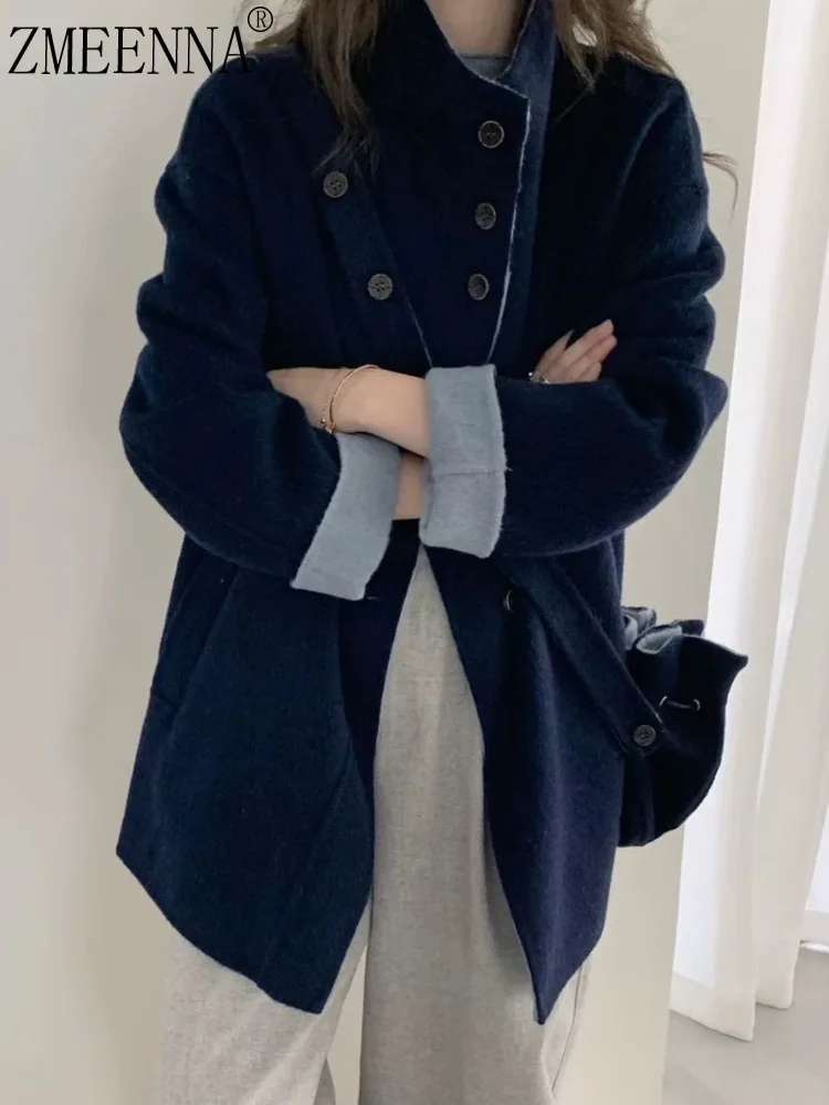 

ZMEENNA Women's Single-breasted Wool Blend Short Coat High Stand Collar Loose Fit Jacket With Pockets Casual Outerwear ZM3963