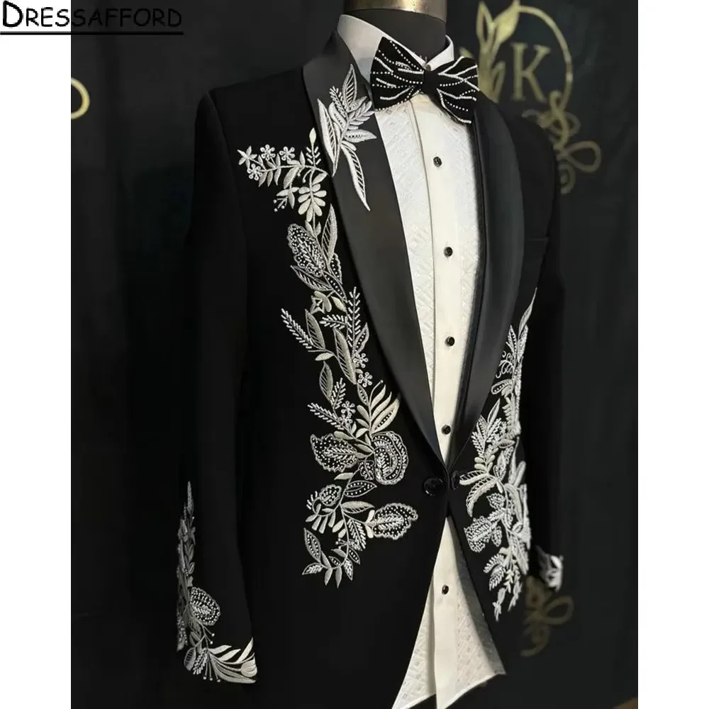 Black Men Suits White Embroidery Groom Wedding Tuxedos 2 Pieces Sets Dinner Prom Blazers Terno Masculino Completo