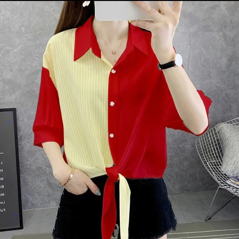 Lapel Half Sleeve Striped Patchwork Chiffon Shirt Woman Clothing 2022 Summer Loose Fashion Casual Commuter Blouse Plus Size Tops