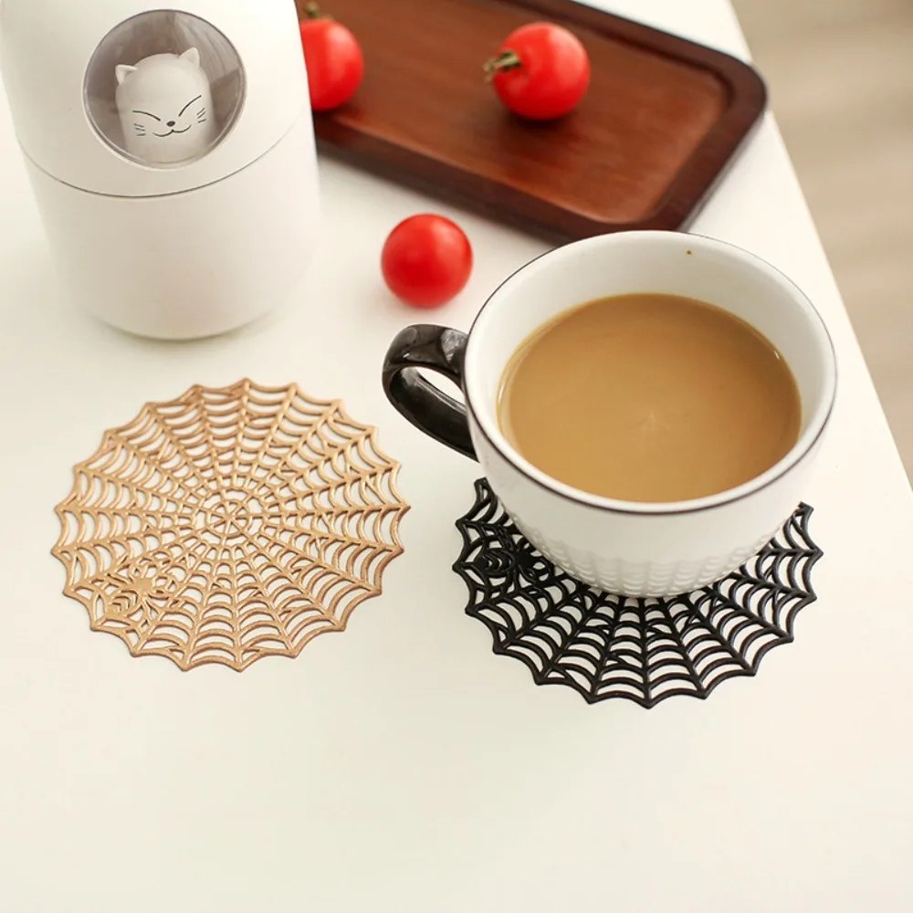 4PCS Non-slip Halloween Spider Web Placemat PVC Hollow Out Spider Web Coaster European-style Waterproof Cup Mat Restaurant