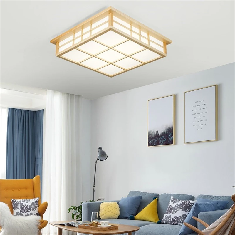 Japanese Wooden Square Ceiling Lights Modern Living Room Ceiling Lighting Kitchen Restaurant Light Fixture LED Lamparas De Techo