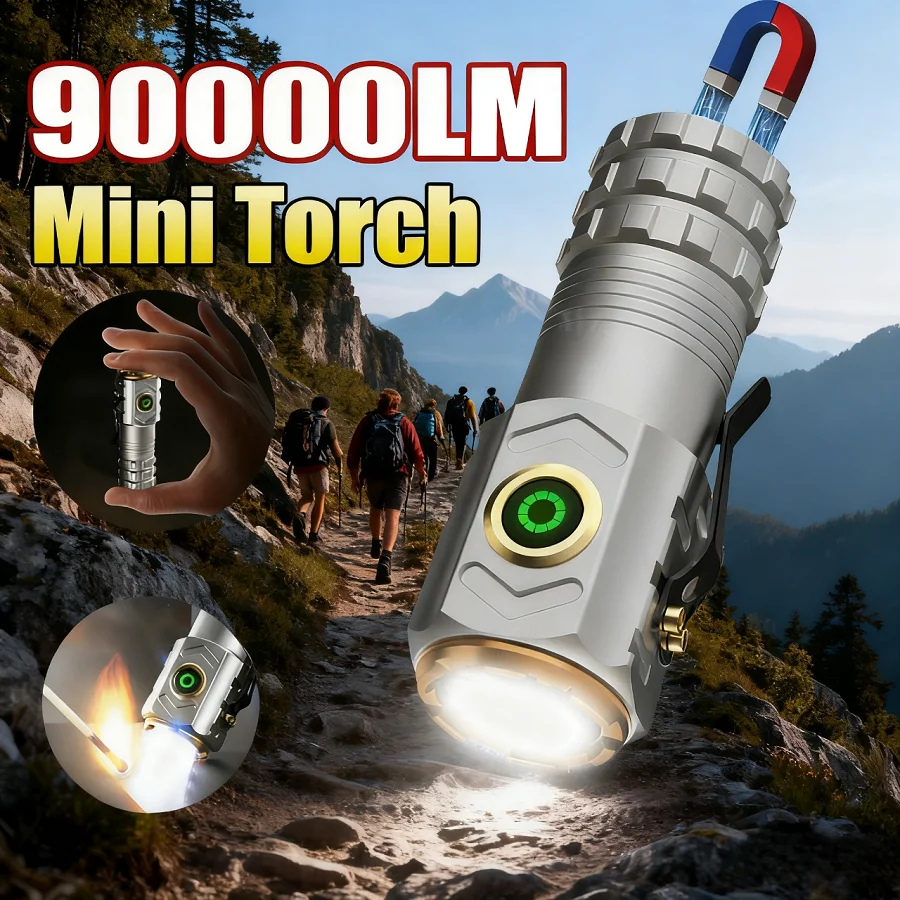 

Mini Flashlight 90000LM Ultra Powerful Torch Multifunctional Work Light Camping Hiking Pocket Lamp Strong Magnet Mini LED Torch