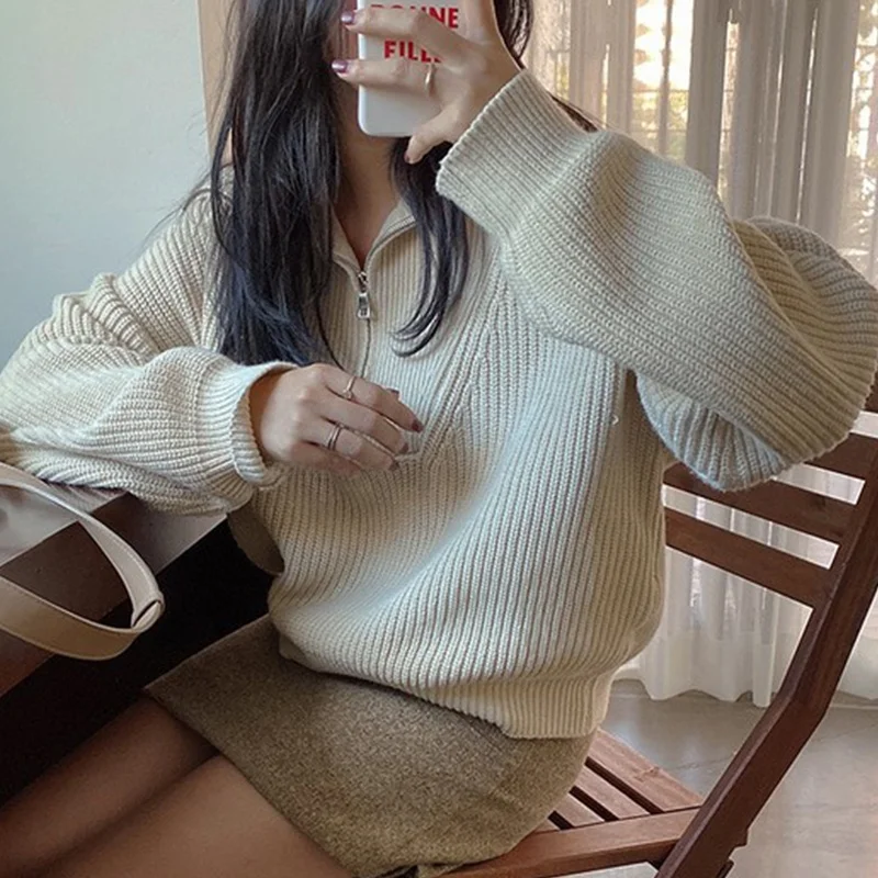 

Chic Lazy Sle Zipper Striped Design Loose Bubble Sve Knitted Sweater for Women Commute Sle Long Sve Pure Color