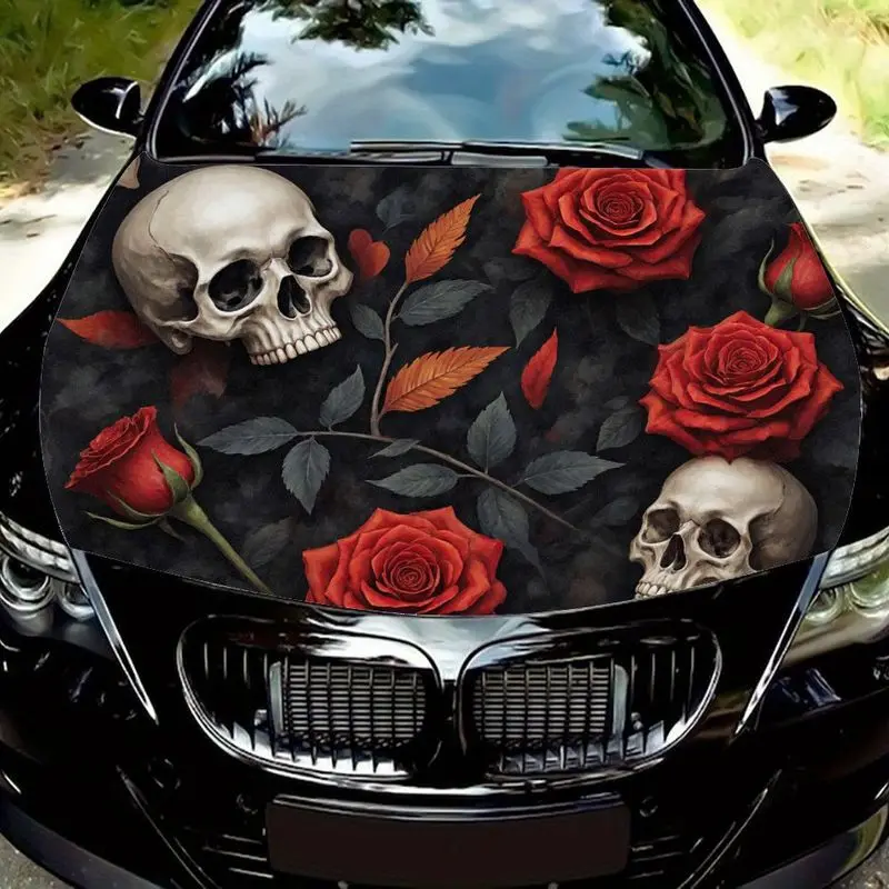 

Наклейка на капот автомобиля с изображением готического черепа и красной розы, темная романтическая наклейка, подходит для капота автомобиля, с темным текстурированным фоном.