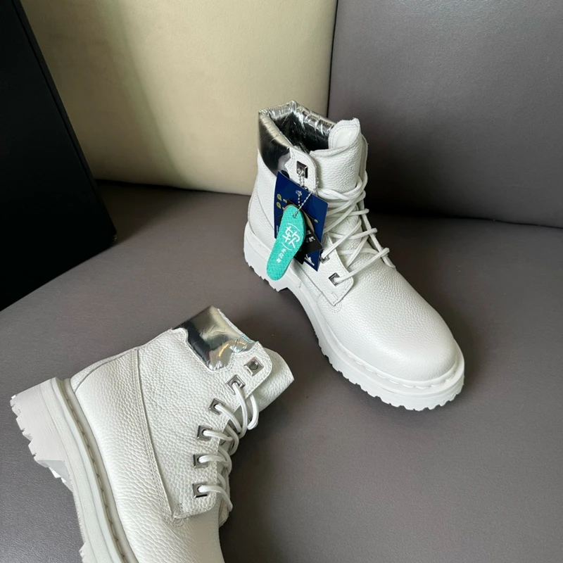 Jenny&Dave British Genuine Leather Shoes Women Minimalist Color Blocked Cowhide Motorcycle Leather Ankle Boots Girls
