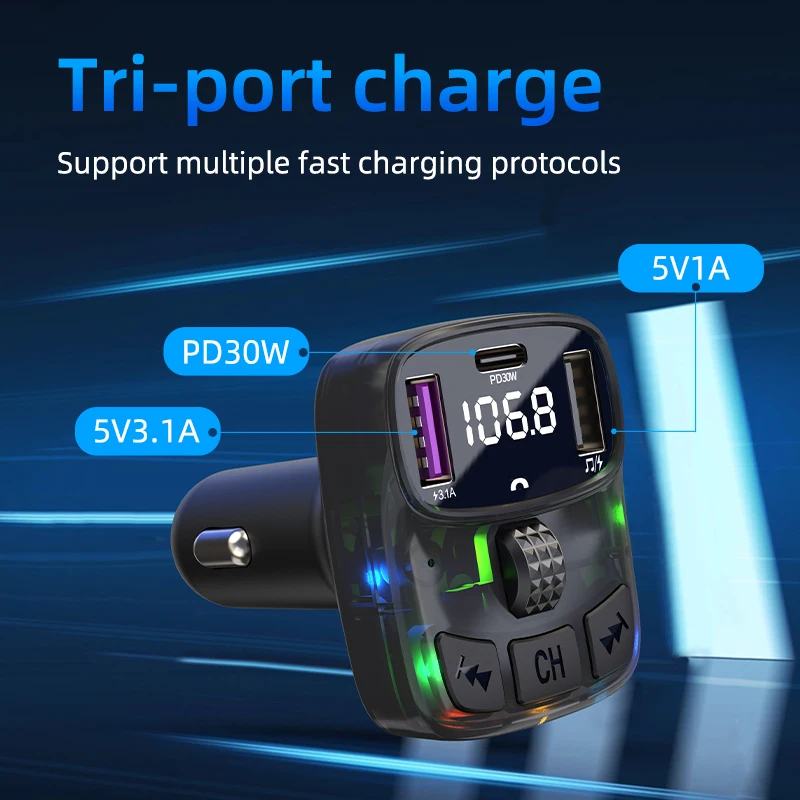 30W Fast Charging One Drag Three 2USB+1PD Type C Car FM Bluetooth 5.3 Transmitter Charger Handsfree Call Adapte MP3 Music Player