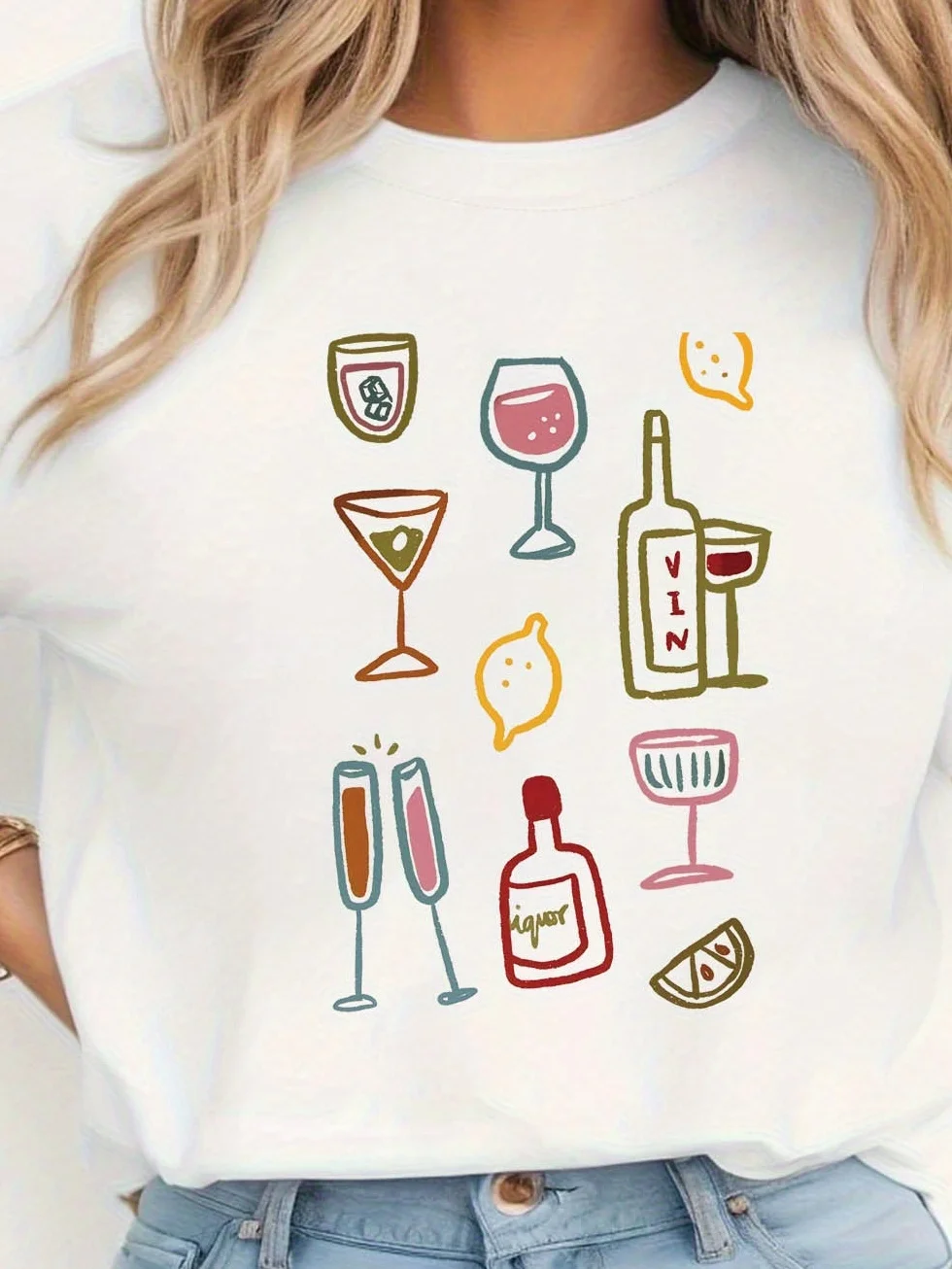Manga para mujer, cuello redondo, surtido de copas de cóctel de vino, estampado, diseño de dibujos animados vibrantes, tela transpirable de estiramiento medio para primavera