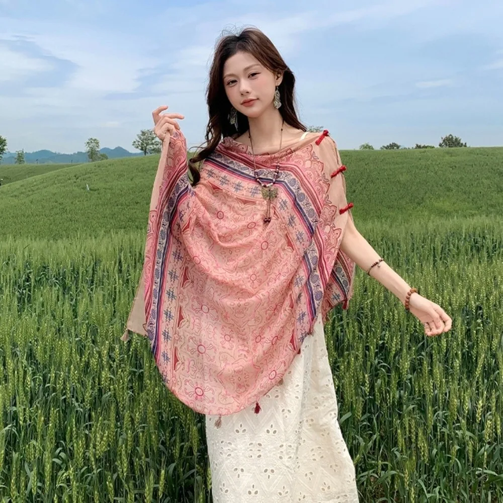 

Fashion Knot Button Sunscreen Scarf Shawl Paisley Tassels Cardigan Cape Soft Thin National Style Cloak Holiday