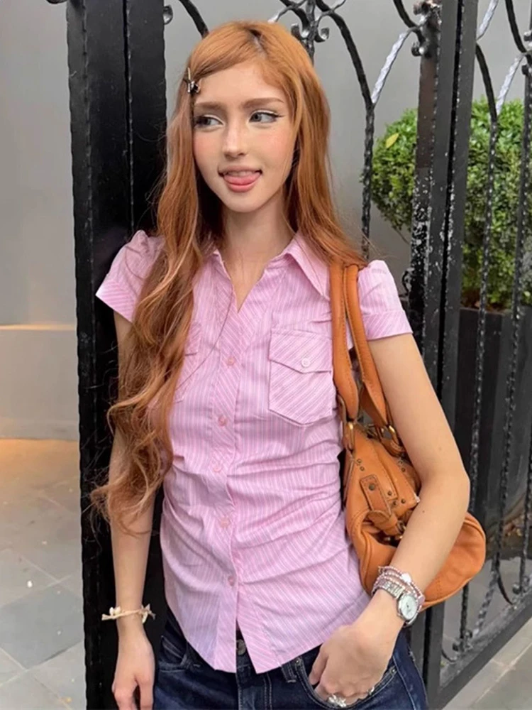 

Jmprs Slim Pink Striped Shirt Women Vintage American Preppy Style Short Sleeve Blouse Summer Female Pocket Retro All Match Tops