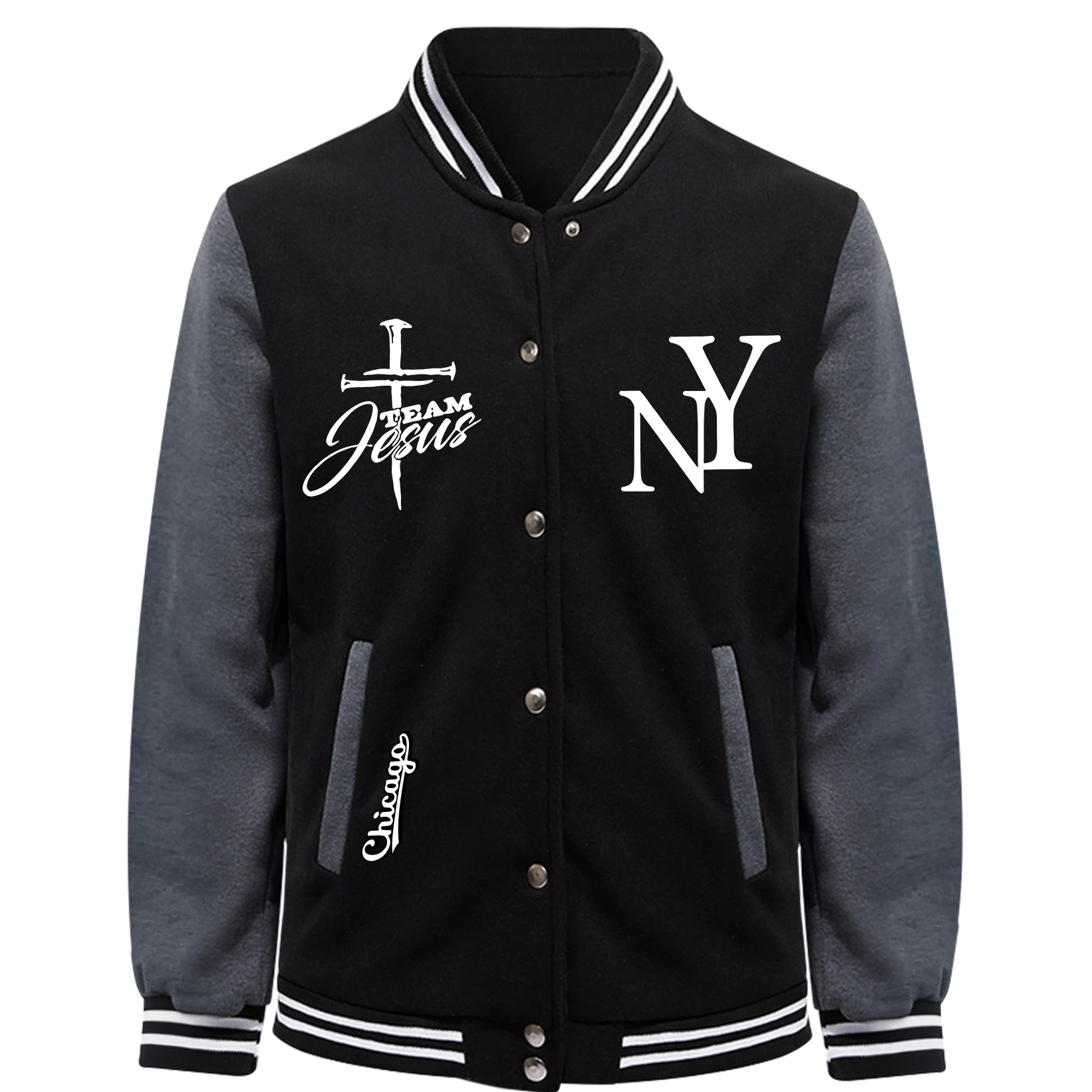 

Мужские куртки Team Jesus New York City Pattern Harajuku, флисовый бейсбольный трикотаж, модная свободная куртка в стиле хип-хоп, теплая одежда унисекс