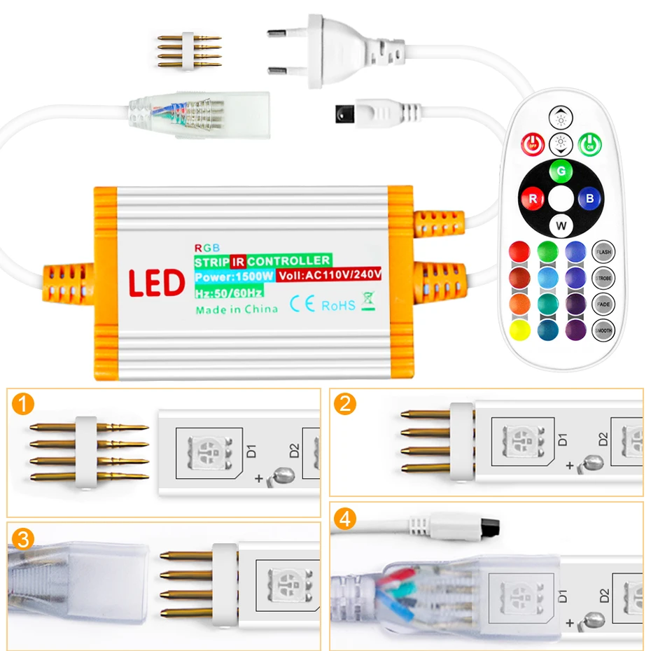 조도 조절 IP68 방수 컨트롤러, SMD5050 2835 RGB LED 스트립 LED 네온 램프용 24 키 IR 리모컨 포함, 1500W, 110V, 220V