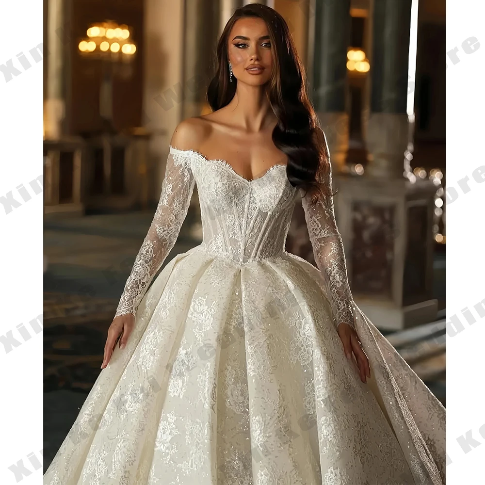 

2026 Gorgeous Women's Wedding Dresses A-line Elegant Glitter Long Sleeve Lace Princess Bridal Gowns Customized Bride Dress Robe