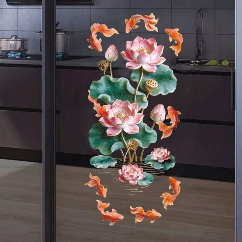 Anti Static Flower Koi Sticker Waterproof PVC Glass Door Sticker 3D Effect Semi Transparent Window Decoration Sticker