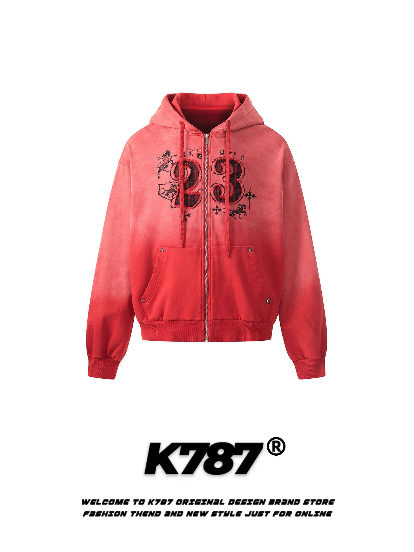 

K787 Американский ретро-худи с цифровой вышивкой, на молнии, свободного кроя, повседневная толстовка, осенне-весенняя модная верхняя одежда