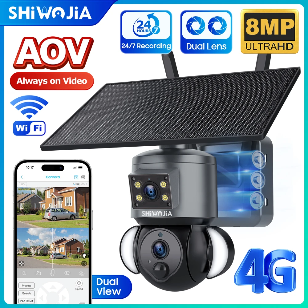 

SHIWOJIA AOV 4G Solar Camera 4K 8MP Outdoor WiFi Surveillance Battery Camera Security AOV 24/7 Recording PTZ Auto Tracking UBOX