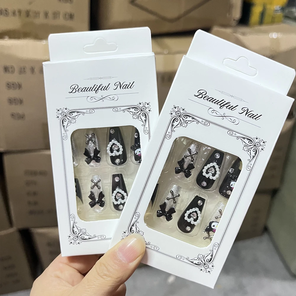 2Box/48pcs Sanrio Series Cartoon Fake Nails Kawaii Kuromi Cinnamoroll Almond Press On Nails DIY Sweet Girl Cute Manicure Gifts