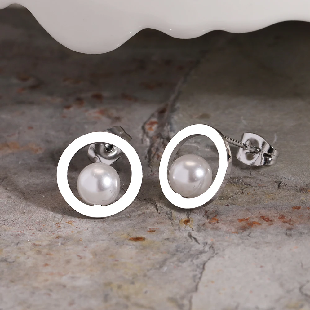 Stainless Steel Earrings Delicate Small Round Charm Fashion Pearl Stud Earrings For Women Jewelry Luxury Party Girl Unusual Gift