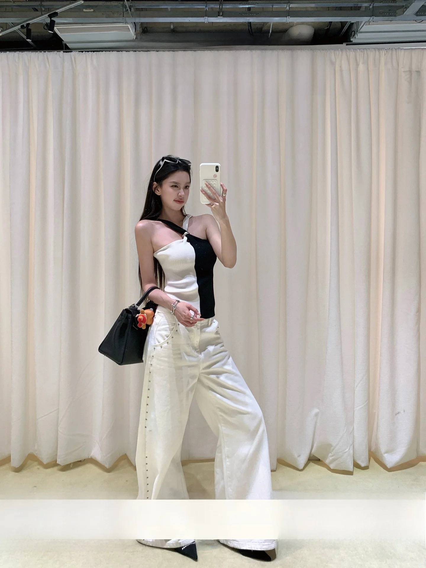

American Style Slimming White Denim Jeans Casual Versatile Loose Wide Leg Straight Cut Pants High Waist Zipper Closure