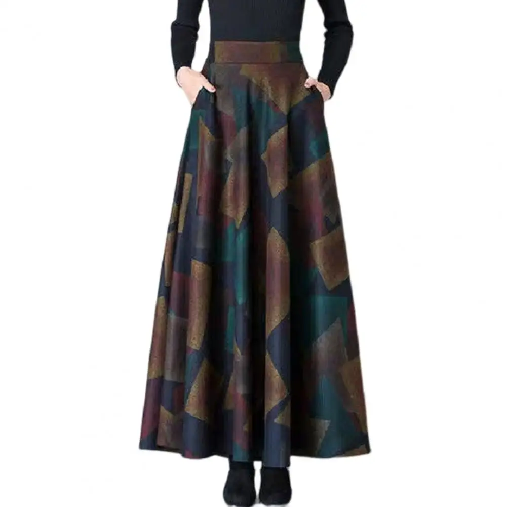 

Trendy Cold Resistant Autumn Winter Plaid Print High Waist A-Line Maxi Skirt Side Pockets Warm Office Skirt Streetwear