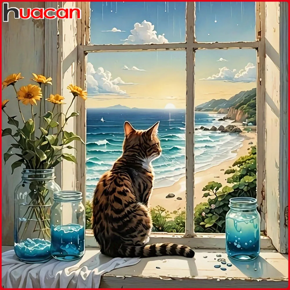Huacan Vollquadrat-Rund-Diamantgemälde, Katze, Meer, Landschaft, Diamant-Mosaik, Tier, neues 2025, Bastelset