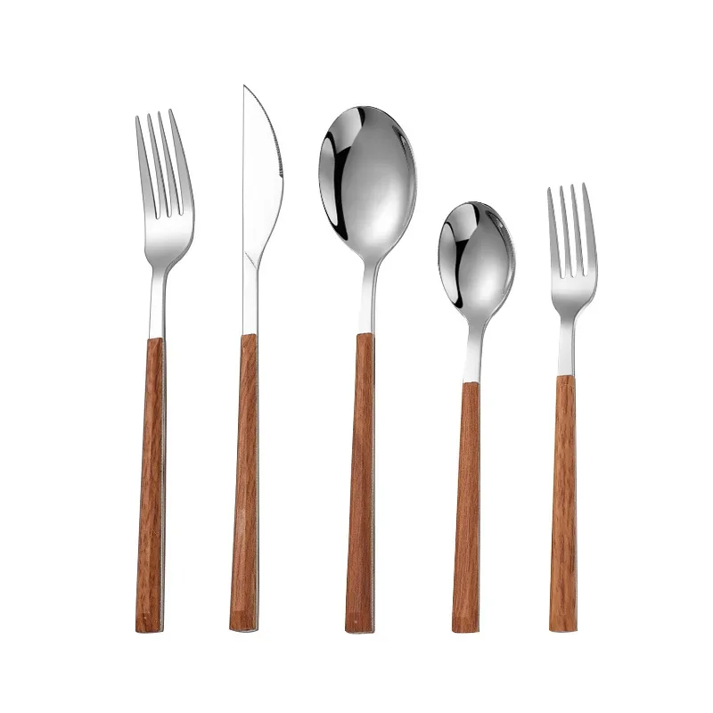 Stainless steel tableware household long handle knife fork spoon Western tableware dessert wooden handle small spoon dinnerware