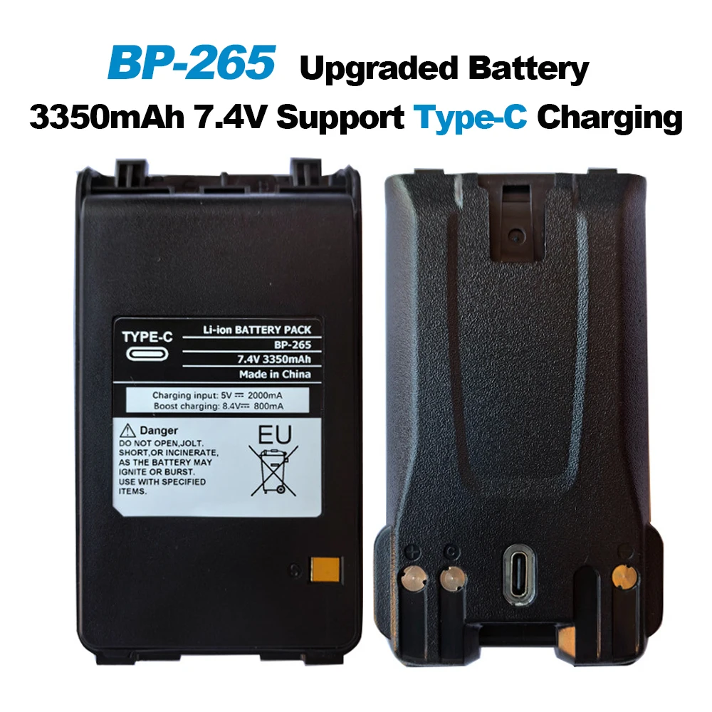 New Upgraded BP-265 Li-Ion Battery 3350mAh Support Type-C Charging for ICOM IC-T70A IC-T70E IC-V80 IC-V80E Walkie Talkie BP265