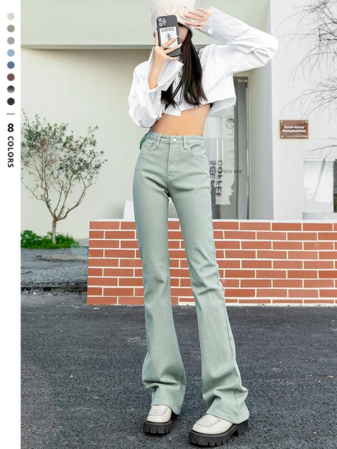 Flare Jeans Women Green Vintage Denim High Waist Stretch Fashion Pocket Trousers Solid Color Wide Leg Washed Jean Plus Length Jeans AliExpress