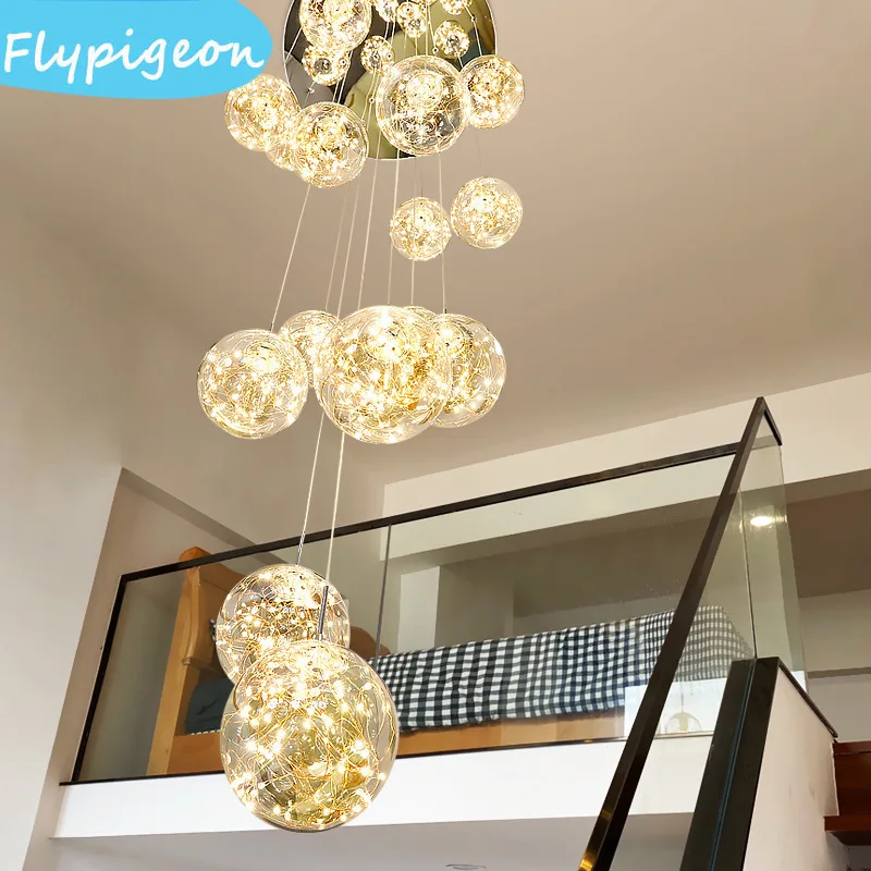 

Modern Luxury LED Glass Ball Pendant Light Dimmable Suspension Design Pendant Lamp for Staircase Living Room Home Lighting Decor