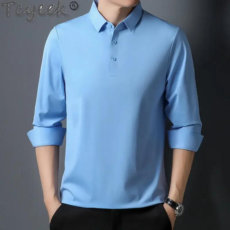 Tcyeek 100% Silk Shirts for Men Clothing Long Sleeves Tops Men Business Casual T-shirts Male Polo Shirt Camisas Y Blusas Zm2917