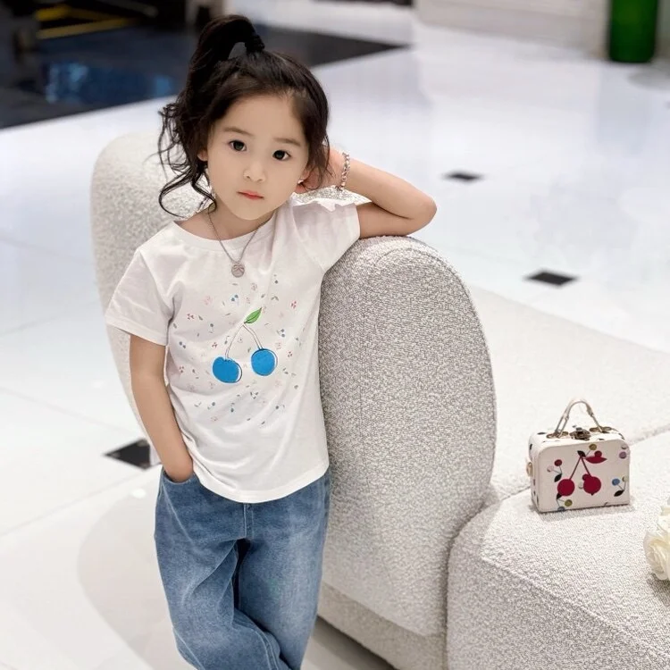 In stock 2026 Summer BP Baby Girls White T-shirt Girls Blue Cherry Tee Top for Girls Kids Boutique Clothes Boys Shirt Clothing